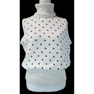 Vintage Women XL LeRoy Knitwear Sweater Vest Ivory Blue Polka Dot Turtleneck 80s
